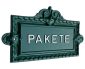 Nostalgisches Wandschild, Abbildung Beschriftung mit erhabenen, gegossenen Buchstaben. Lackierung Grün.